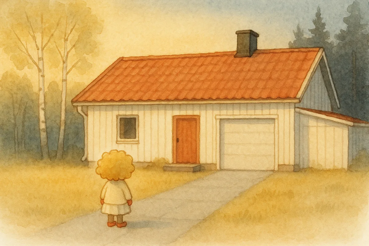 Ett vitt hus med tegeltak och vidbyggt garage i kvällssol. En flicka står på uppfarten och ser mot huset.